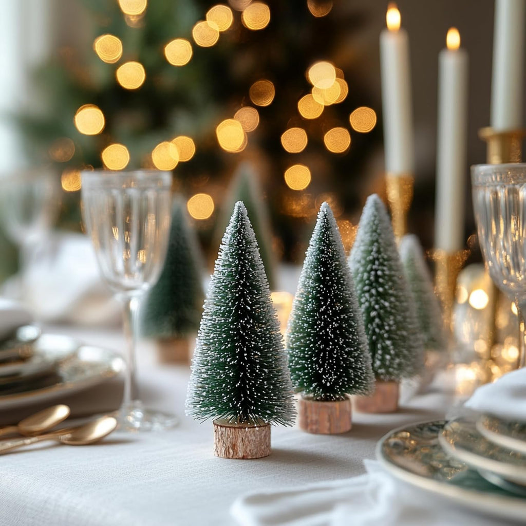 Skiennix 10-Pack Mini Christmas Tree Bottle Brush Ornaments - 4-Inch Snowy Decor with Wooden Base