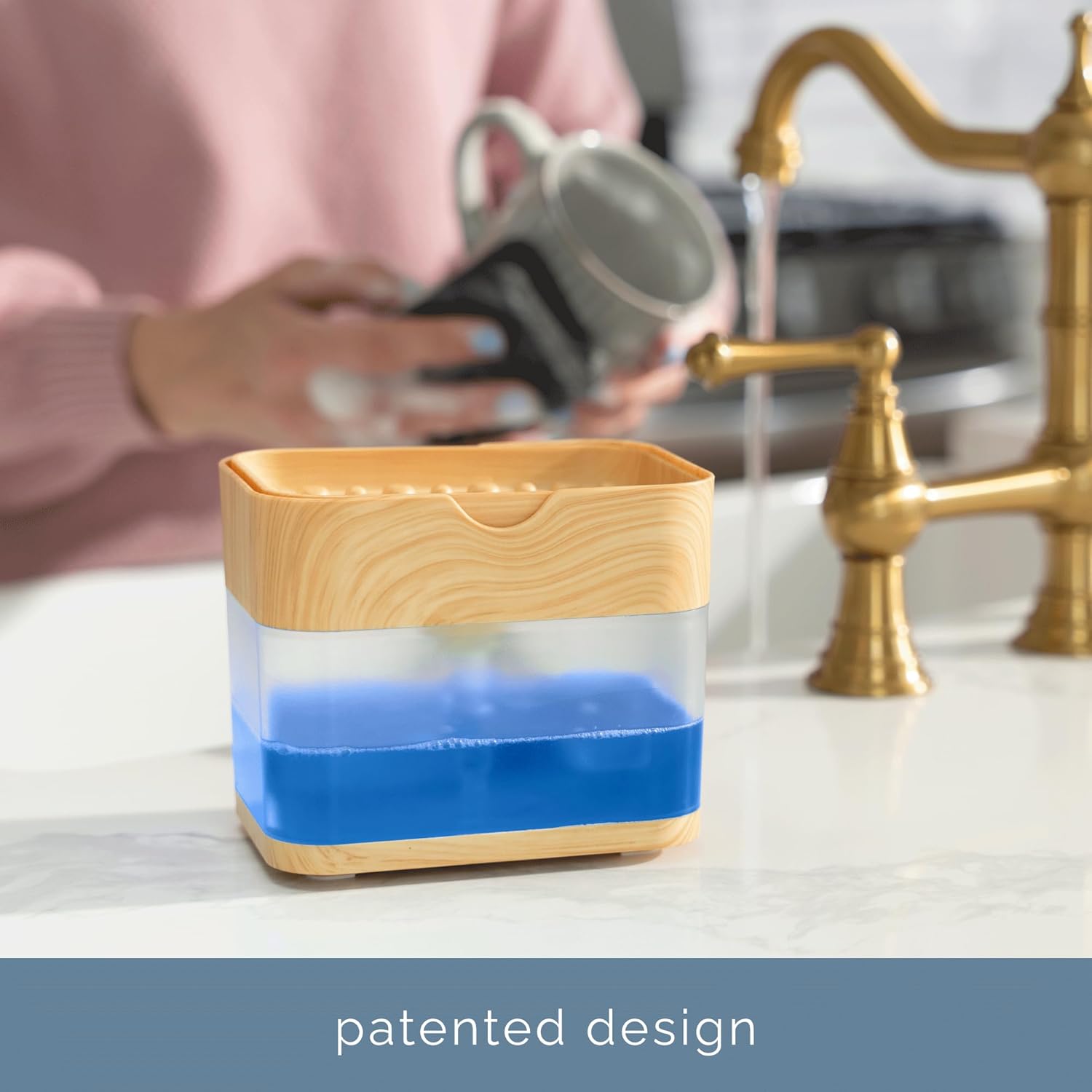 S&T INC. Dish Soap Dispenser - Waterproof Labels & Sponge Holder, 13 Oz Plastic & Bamboo