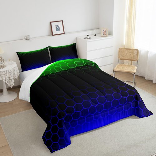Feelyou Ombre Honeycomb Comforter Set Twin, Green Blue Ombre Hexagon Bedding Set Beehive Hexagon Comforter Kids Toddler Stereoscopic Duvet Set with 1 Pillow Case