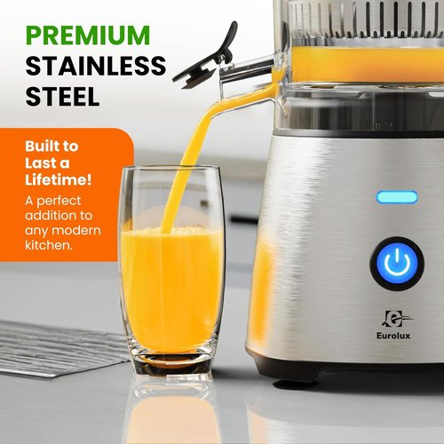 Eurolux Electric Citrus Juicer - Premium Stainless Steel One-Touch Squeezer for Oranges, Lemons & Limes | Quiet & Easy to Clean Kitchen Appliance