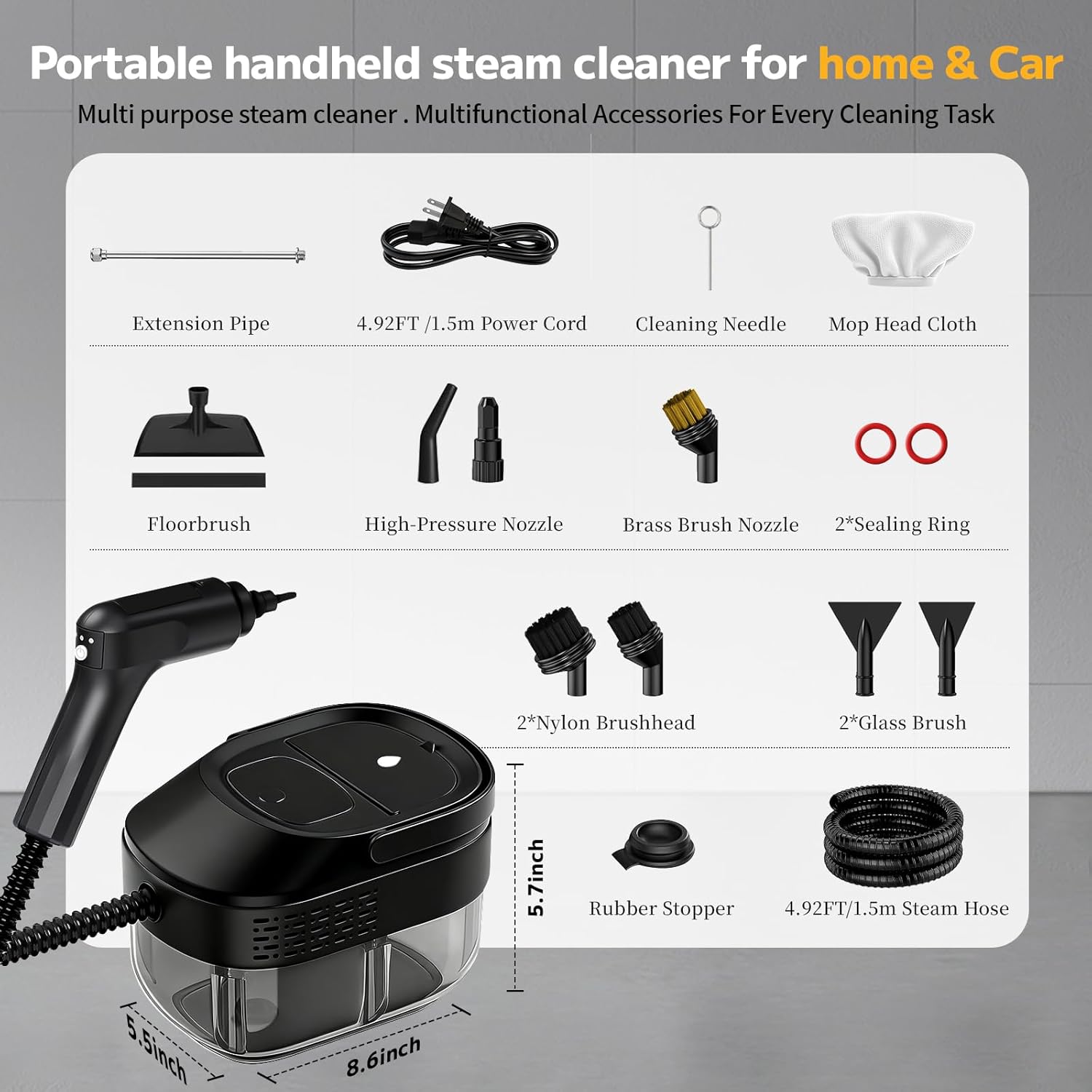 Pressurized Steam Cleaner - 54oz Portable Steamer with 15-Piece Kit | Fast Heat-Up in 15s, Handheld for Home & Car