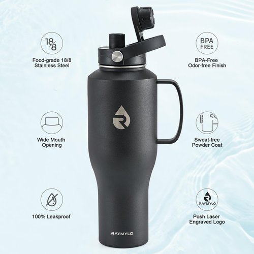RAYMYLO 32oz Stainless Steel Water Bottle (Cold for 48 Hrs, Hot for 24 Hrs), Triple Wall Vacuum Insulated Water Bottle with Straw Lid, Spout Lid and Paracord Handle, Leakproof, Fit in Any Car Cup