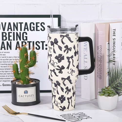 JarThenaAMCS Black Bow Tumbler with Lid and Straw 40oz Ribbon Bow Printed Tumbler with Handle Beige Black Stainless Steel Cup for Gift Home Office Travel