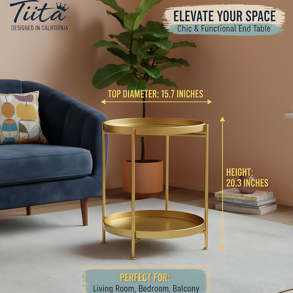 Tiita 2 Pack Round End Table Mental Side Table Nightstand/Small Wood Tables Accent Coffee Table with Wooden Tray for Living Room Bedroom Office Small Space