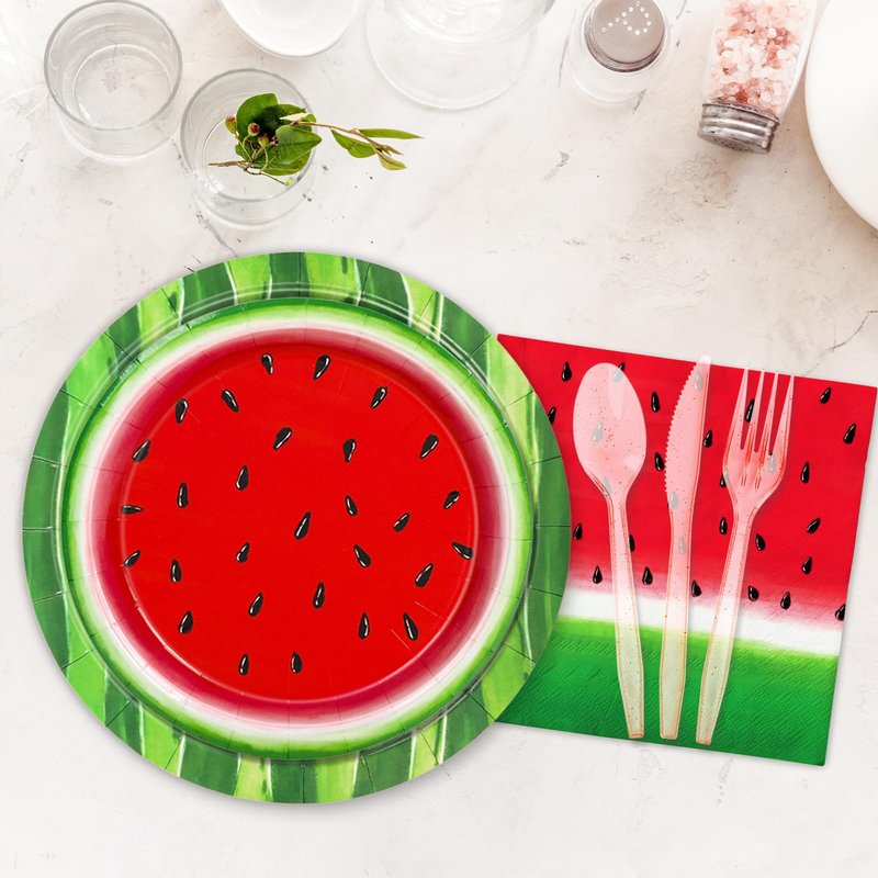 FYSUIMU Watermelon Party Supplies Kit Summer One in a Melon Tableware Set Disposable Paper Plates Cups Napkins Forks Knives Spoons for 25 Guests Birthday Baby Shower
