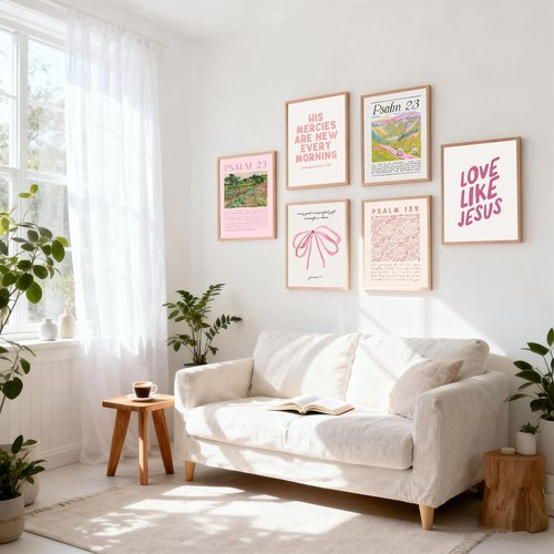 Christian Canvas Wall Art by Pink - Set of 6 Bible Verse Prints | Trendy Scripture Decor for Girls' Rooms