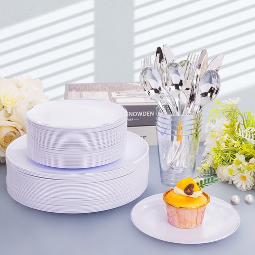 KIRE 350 PCS Plastic Dinnerware Set for 50 Guests, Silver Plastic Plates Include 50 Dinner, 50 Dessert Plates, 50 Pre Rolled Napkins with Silverware, 50 Cups for Wedding, Party, Banqet, Christmas