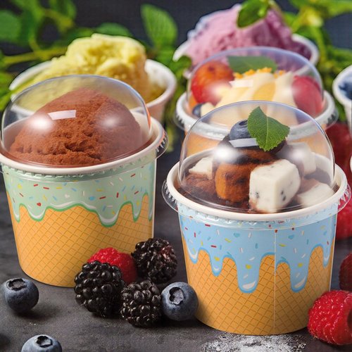Jingmore 80 Count Paper Ice Cream Cups with Clear Dome Lids Disposable Dessert Cups Bulk Dessert Bowls Sundae Containers for Snack Yogurt Soup Birthday Ice Cream Party Supplies (6 oz)