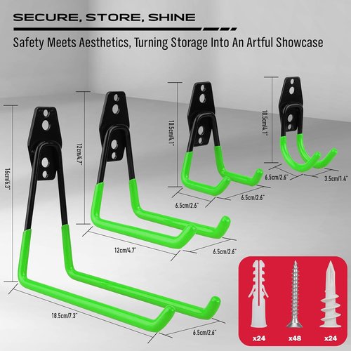 Heavy Duty Garage Tool Storage Wall Hook Set by [Brand Name] - 15PCS Organizer for Garden Tools, Ladders, and Bikes | Green Steel Bracket