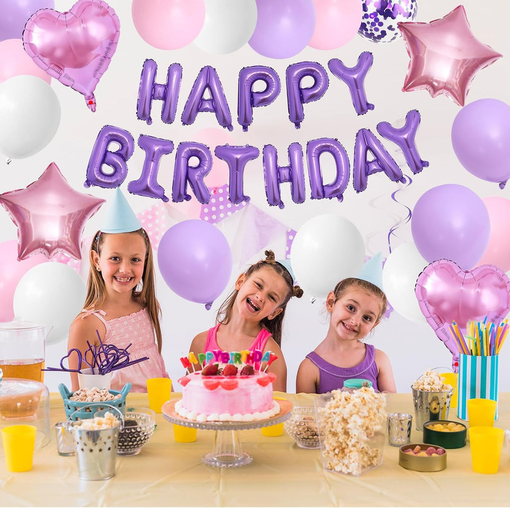 Pink Purple Birthday Decorations | Regine Switzerland Happy Birthday Balloon Banner & Confetti Balloons