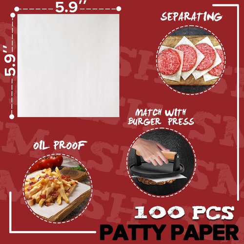 Grilliance 5pcs Smash Burger Press Kit, 3 in 1 Hamburger Press Patty Maker, Cast Iron Burger Press Round & Rectangle, 100pcs Wax Paper for Grill, Griddle, Flat top, Kitchen, Cooking