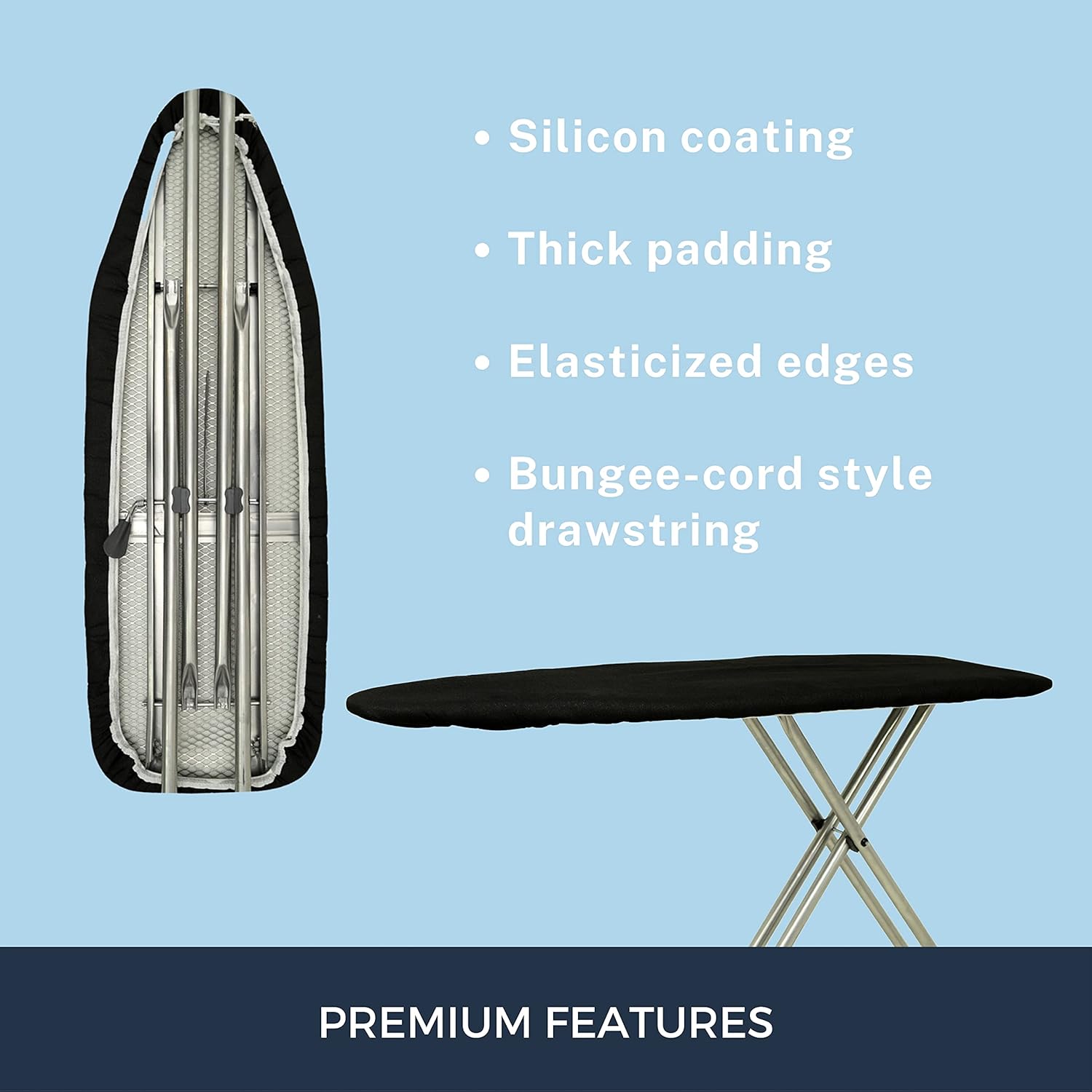 SAVUK Ironing Board Cover - Extra Thick, Heat Reflective Cotton Pad | 18'' x 49'' Adjustable Fit, Black