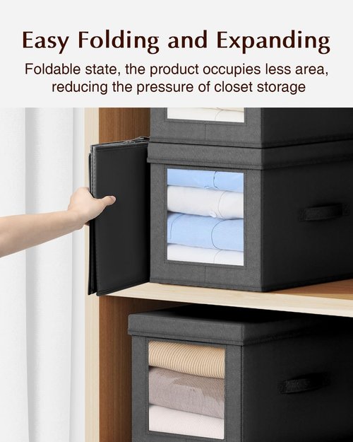 Homsorout Collapsible Storage Bins - Foldable Decorative Boxes with Lids, 15-Inch, 5-Pack, Black