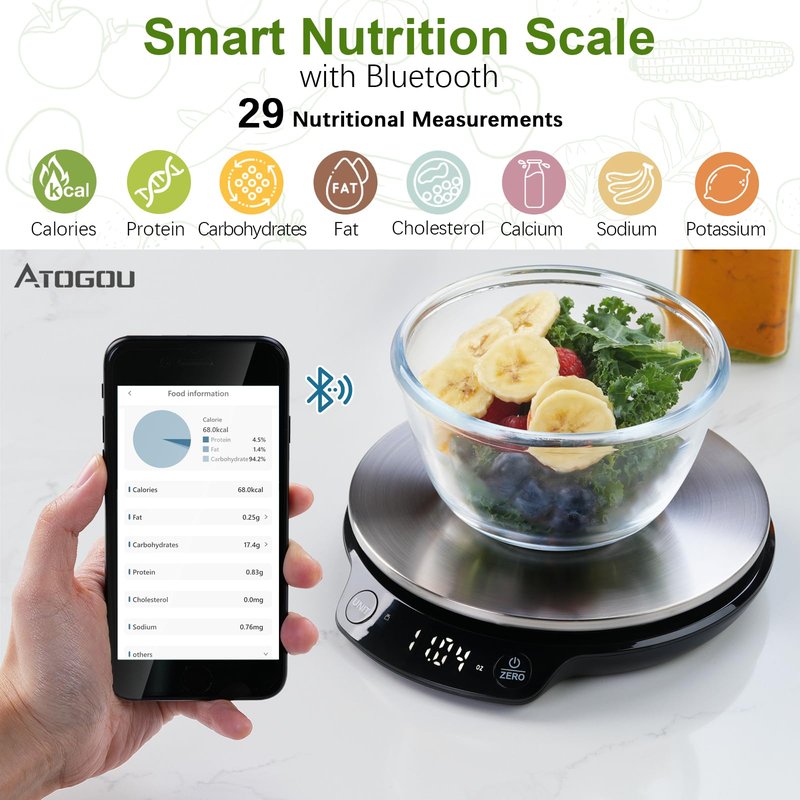 Smart Food Scale with Nutritional Calculator, 0.1g / 0.005oz High Precision, 5kg / 11lb, Free APP with Calorie Counter, Nutrients Tracking, Marco. Kitchen Scale for Meal Prep, Weight Loss, etc. Black