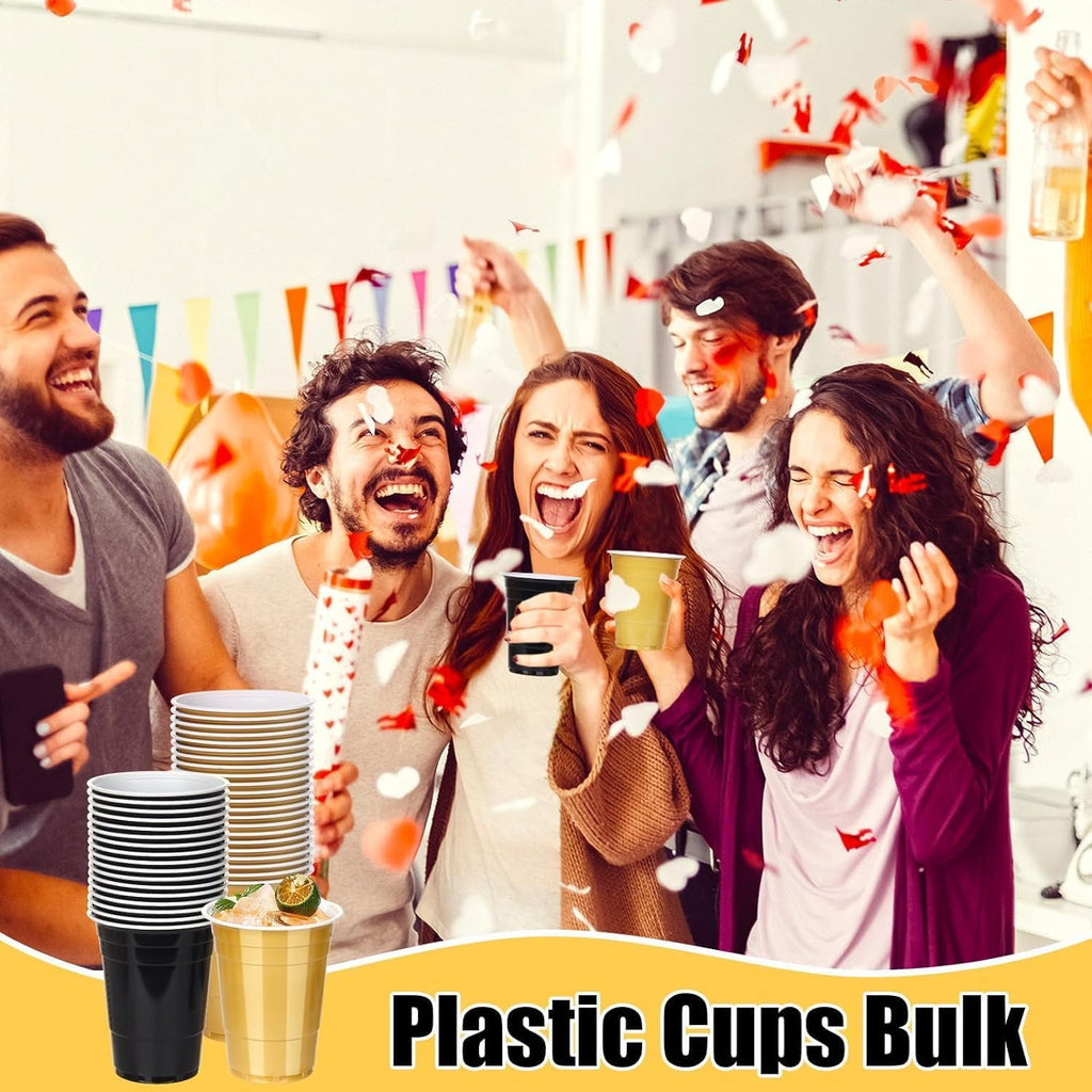 KesaPlan 50PCS 16 oz Plastic Cups Graduation Cups Black and Gold Disposable Party Cup Bulk for Party Graduation Wedding Birthday Halloween Family Gatherings and Festive Celebrations