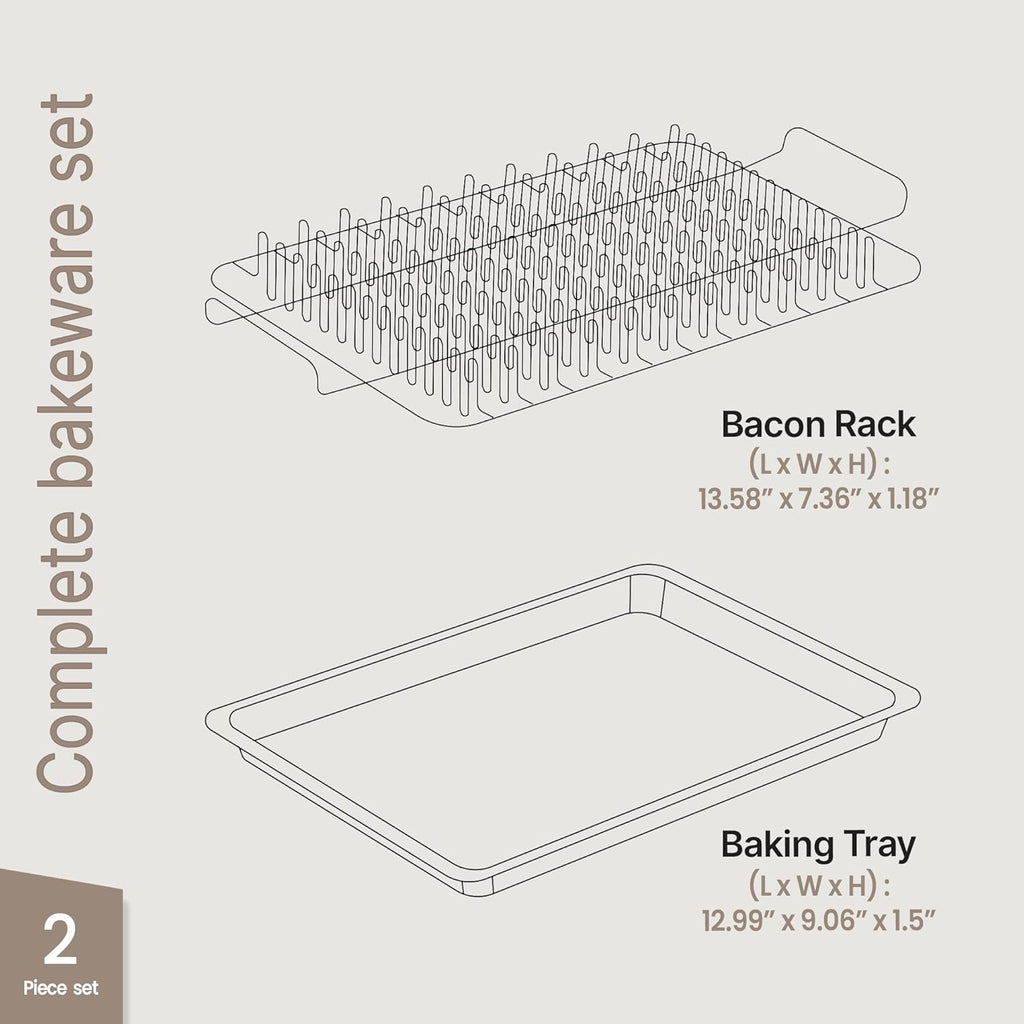 Skiennix Bacon Tray Set - Durable Non-Stick Cooking Tray with Marble Coating - White Stone & Carbon Steel