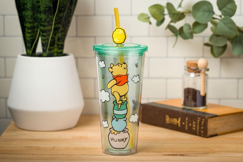 Silver Buffalo Winnie the Pooh Hunny Pot Green Cold Cup with Reusable Straw and Lid, 24 Ounces