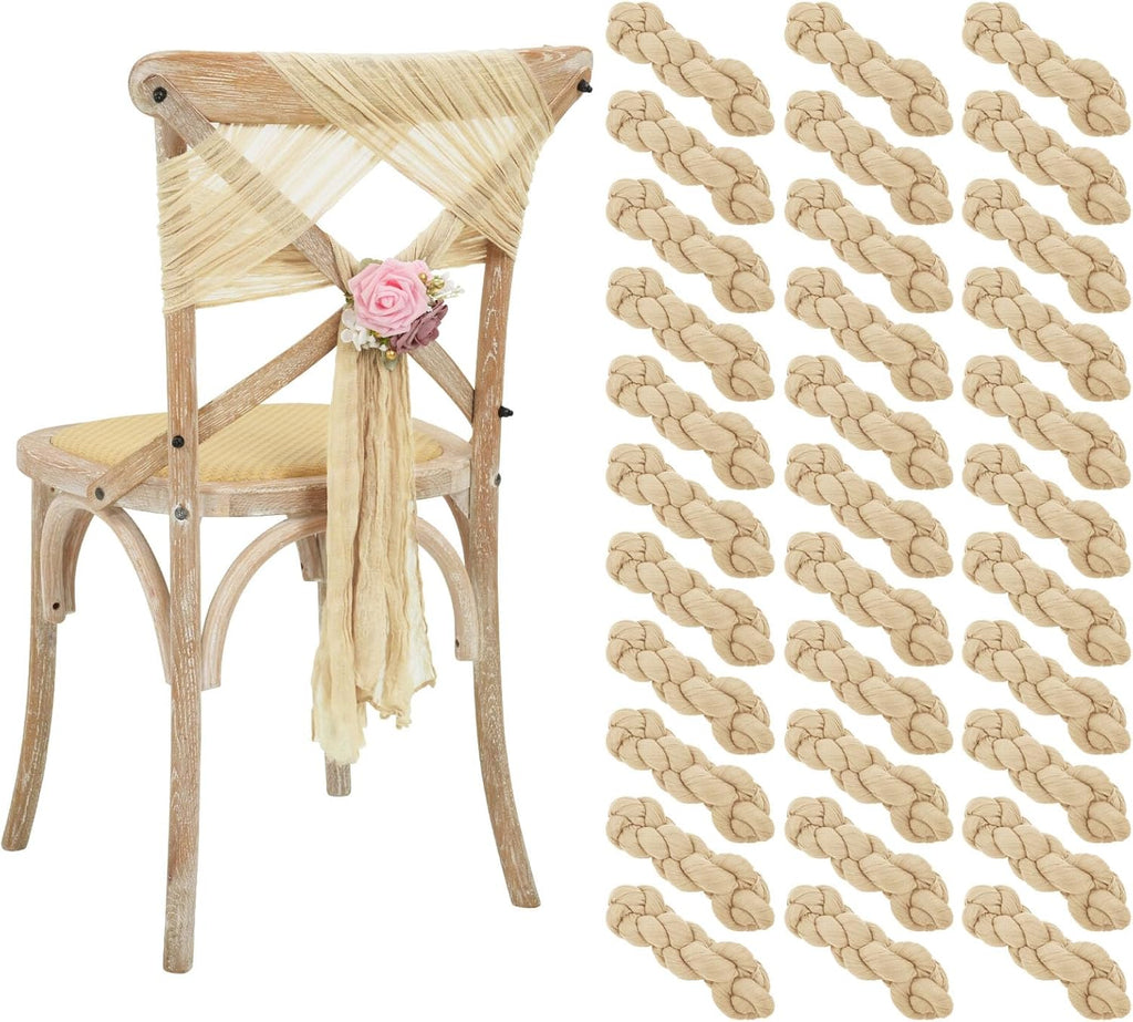 Skiennix 50 PCS Cheesecloth Chair Sashes - Elegant Wedding Aisle Decorations in Beige