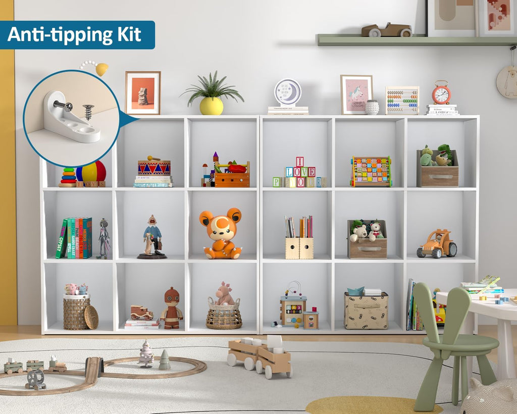 PrimeZone Stackable 9-Cube Storage Organizer - Versatile Wood Shelf for Closet & Bedroom - White Cubicle Cabinet