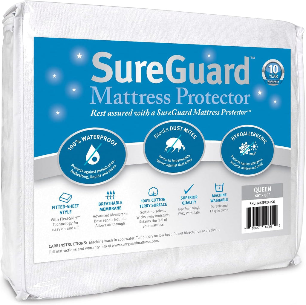 SureGuard Queen Size Mattress Protector - 100% Waterproof & Hypoallergenic Cotton Terry Cover | White