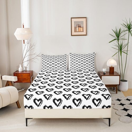 jejeloiu Heart Love Queen Size Bed Sheets Set Boys GirlsLove Pattern Sheet Set for Kids Ultra Soft Modern Sheets with Deep Pocket Fitted Sheet Black White Bedding Set Room Decor