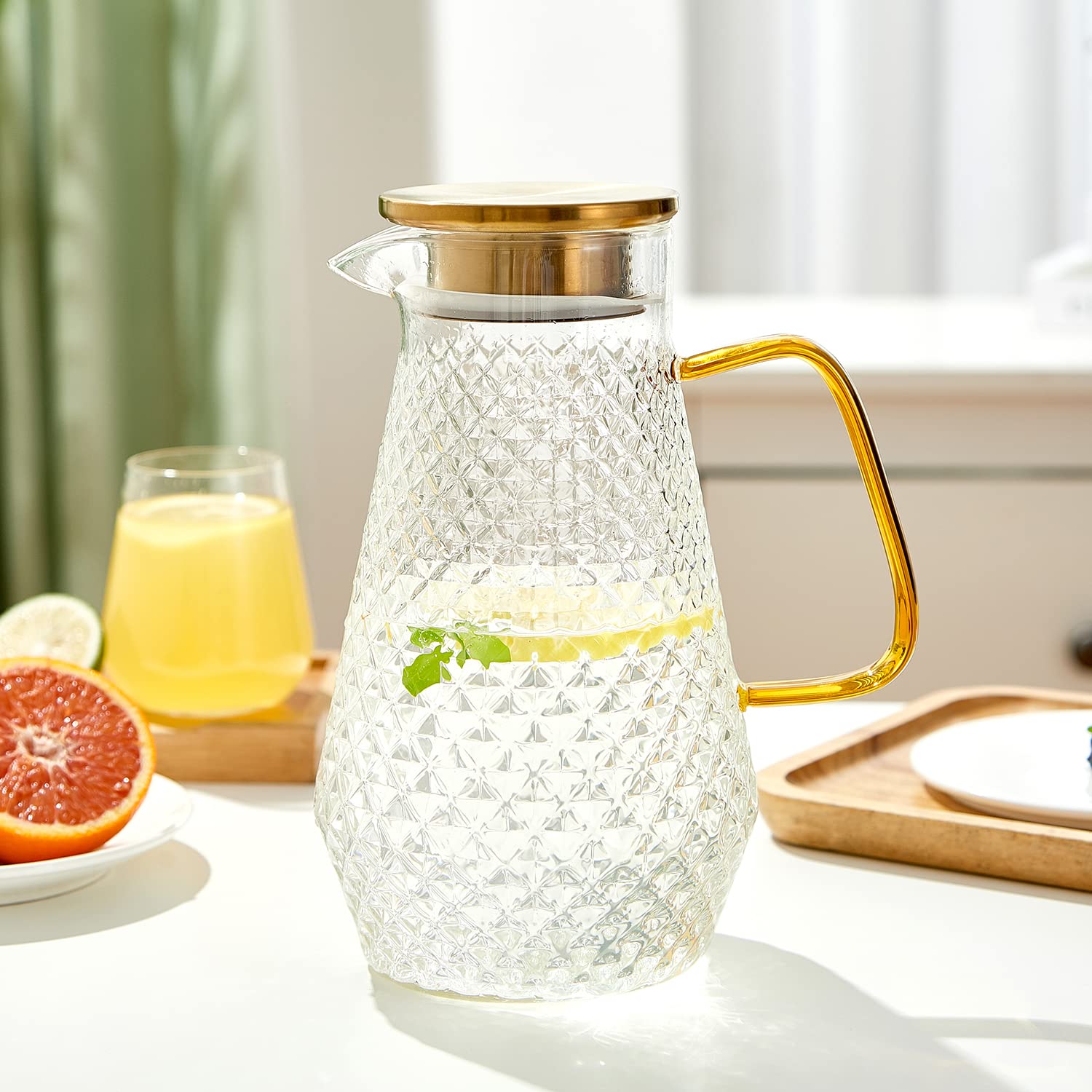 OTARTU Glass Pitcher,50oz/1.5 Liter Water Pitcher with S.S. Lid, Beverage Serveware, Iced Tea Jug,Water Carafe with Handle,Heat Resistant. Refrigerator Usable.