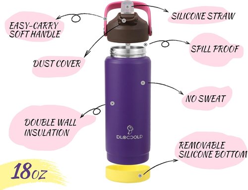 DLOCCOLD Kids Insulated Water Bottle - Leak Proof Straw Lid, Double Wall Stainless Steel, Travel Tumbler