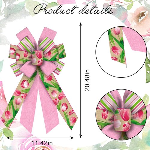 Hying Large Flower Bow - Spring Tulip Design in Pink Stripes | Perfect for Easter Wreaths & Front Door Decor