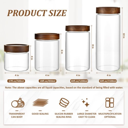 MOLADRI 50 fl oz/1500 ml Clear Glass Storage Canister with Airtight Wooden Screw Lid, Large Tall Cute Decorative Glass Food Container Jar for Coffee, Candy, Cereal, Cookie, Pasta, Flour, Juices