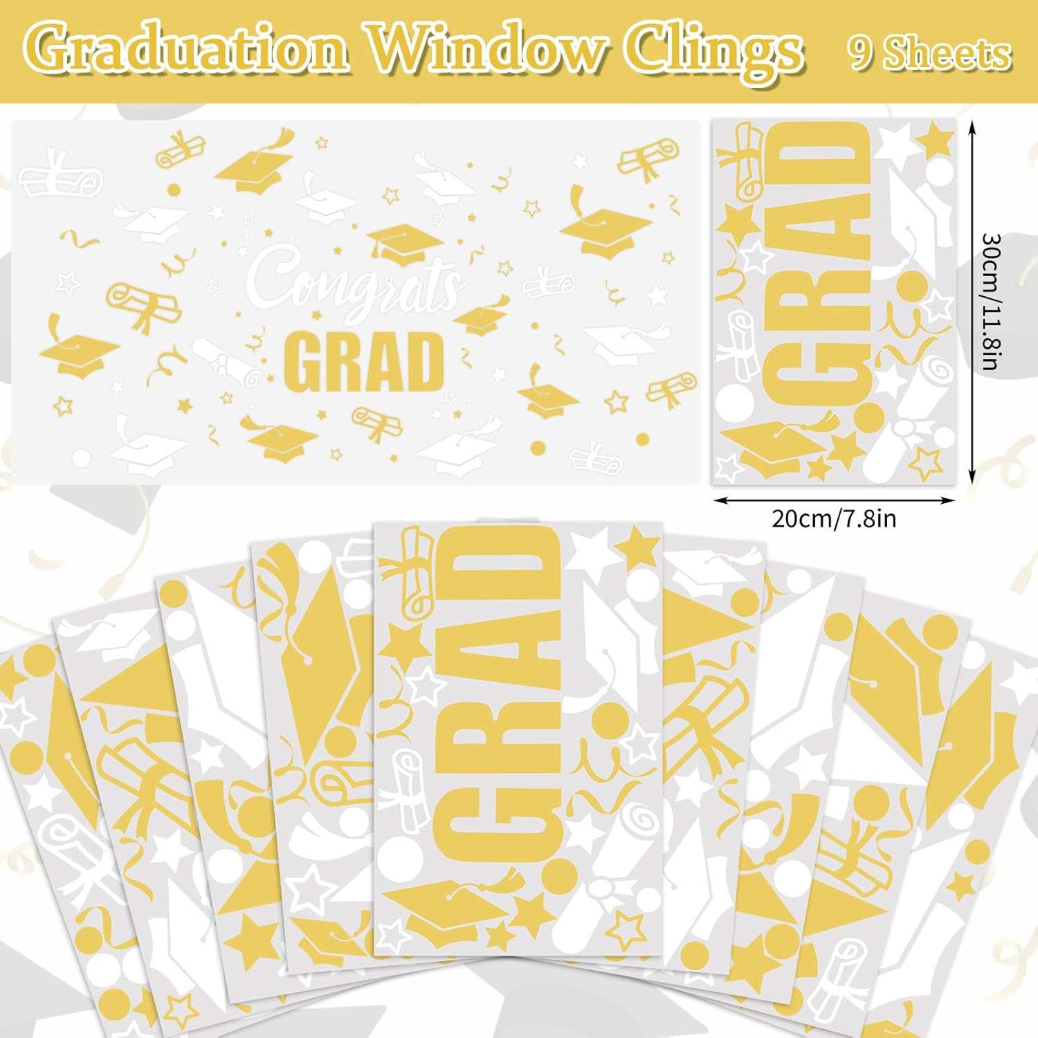 Whaline Graduation Window Clings - 236 Pcs Double-Sided White & Gold Cap & Diploma Decor | Perfect for College Seniors