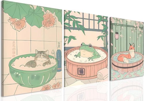 Framed Japanese Wall Art Set by [Brand Name] - Cute Tabby Cat, Fox & Frog Bathroom Decor | 12x16 Inch Canvas Prints