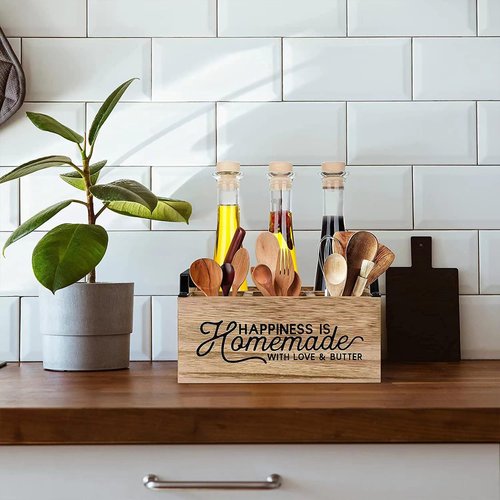 KOVNISE Kitchen Utensil Holder With Handle Wooden Utensil Organizer for Counter Multifunctional Countertop Organizer for Storage Cooking with 4 Compartment Farmhouse Kitchen Decor (Brown)