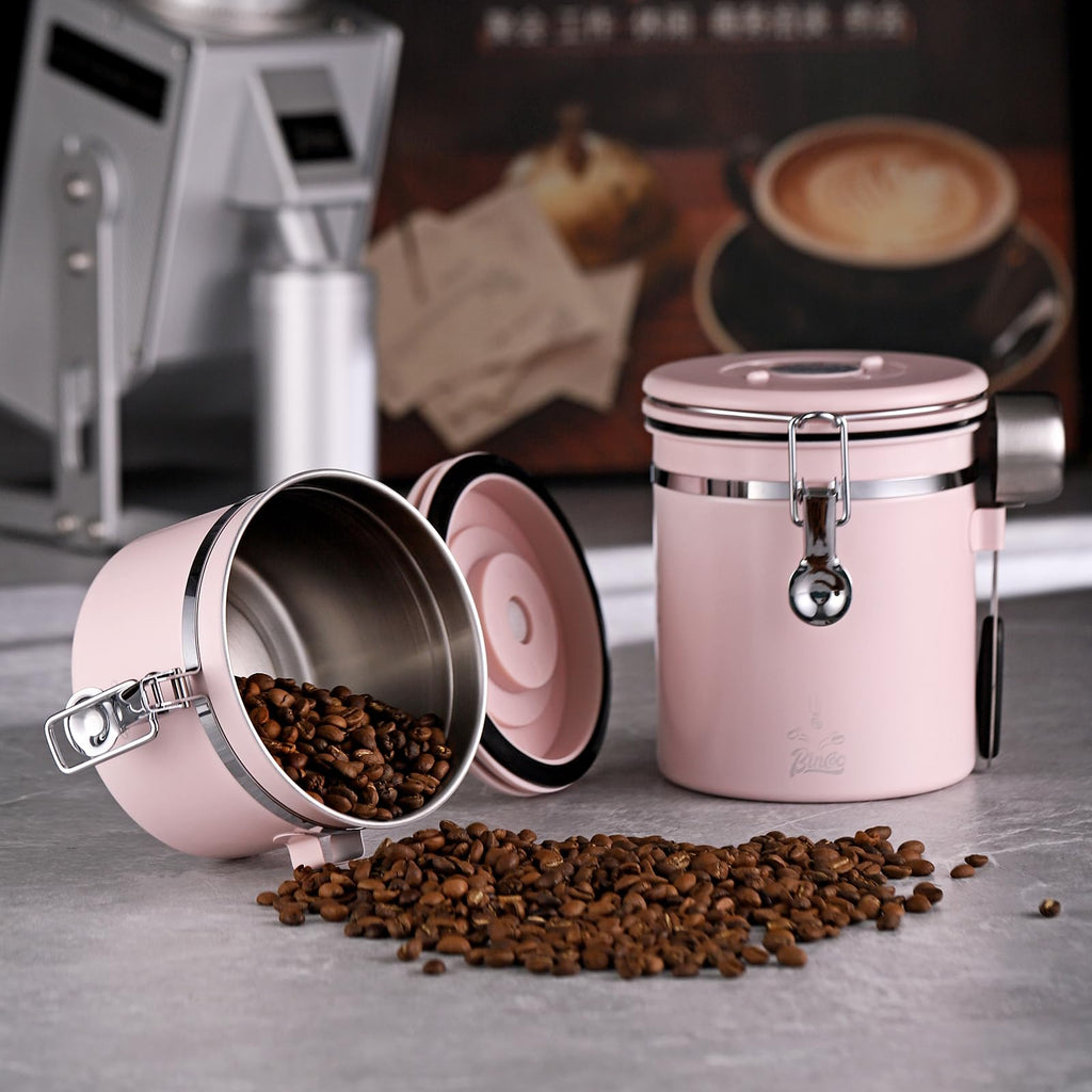 Bincoo Pink Coffee Canister, Large Stainless Steel Coffee Bean Storage Container with Date Tracker (800ML)