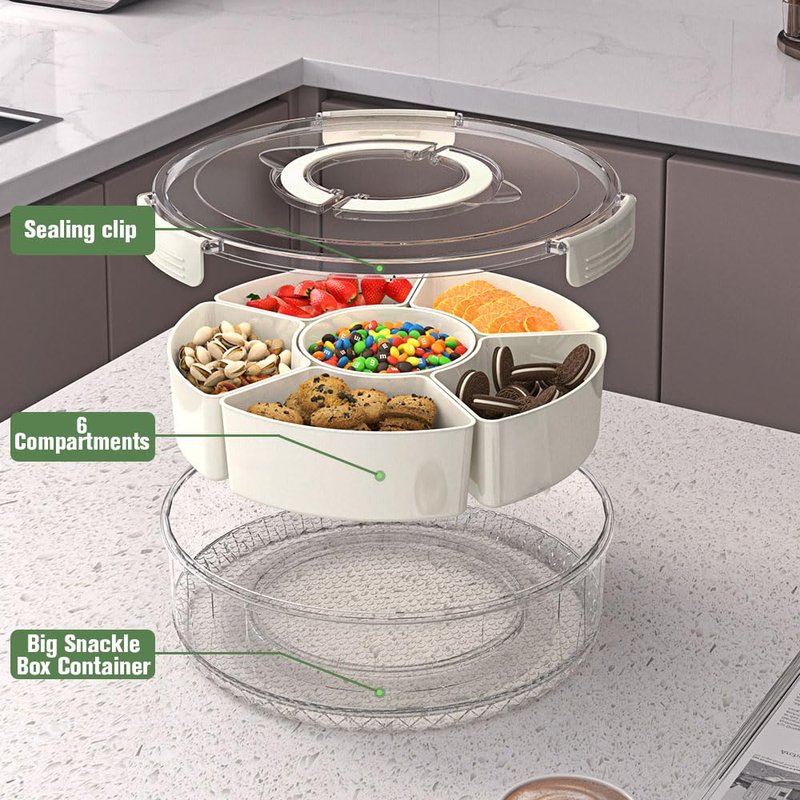 JIEZRIN Divided Serving Tray with Lid and Handle, Portable Snackle Box for Veggie, Fruit Snacks Organizer, Clear Snack Spinner Container for Outdoor, Kitchen, Party, Travel