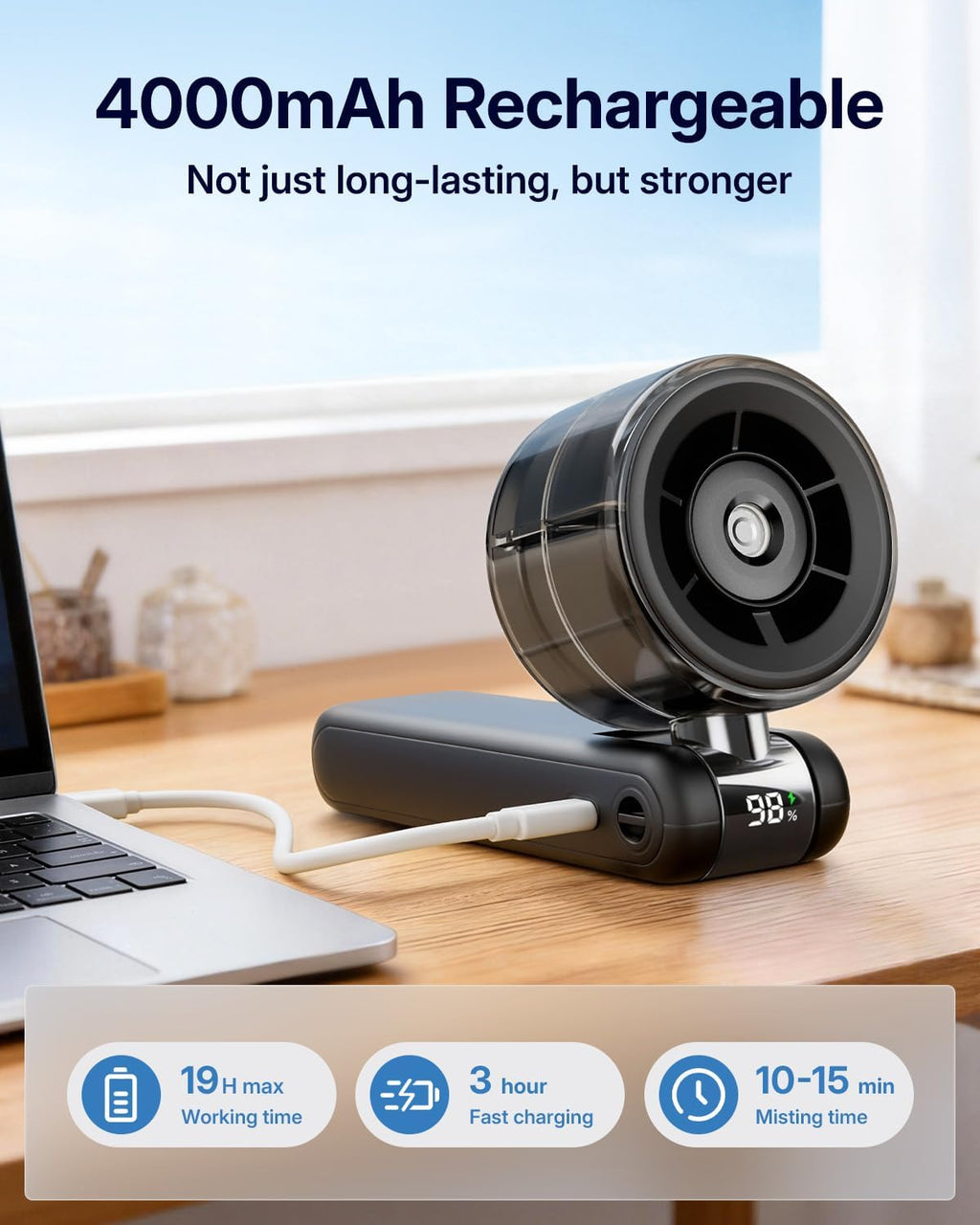 Skiennix Misting Fan - Portable Handheld Turbo Fan with Cool Mist Spray, 4000mAh Rechargeable Battery | Black