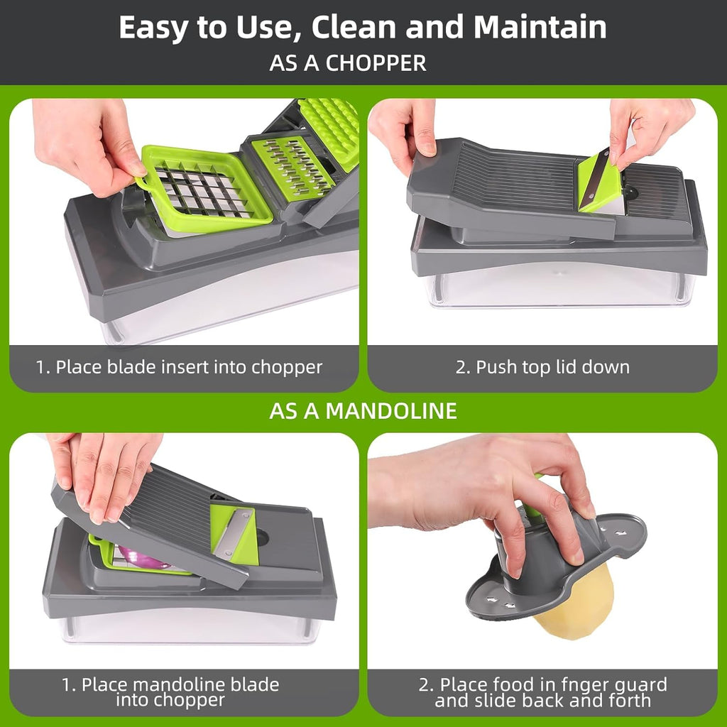 RüK 10-in-1 Vegetable Chopper - Versatile 6 Blade Food Dicer & Grater with Container | Gray Kitchen Gadget