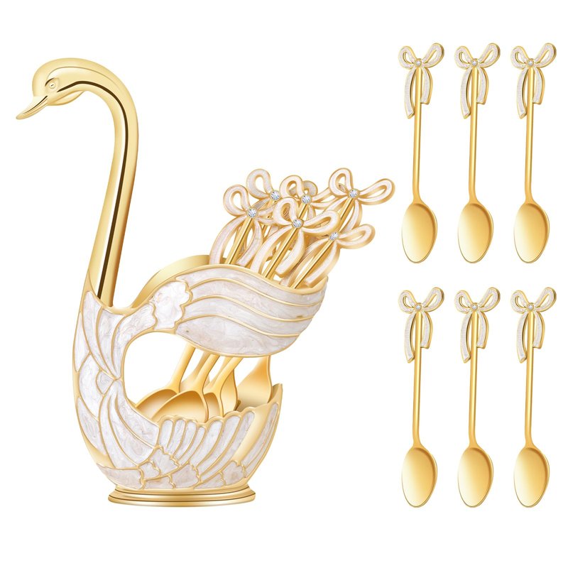 WENMAQIN Gold Swan Base Holder,Table Decorative Swan Dessert Spoons Organizer Spoons Holder with 6pcs Coffee Spoon set,Elegant Gold Dessert Spoons,Premium Zinc Alloy Spoon Organizer