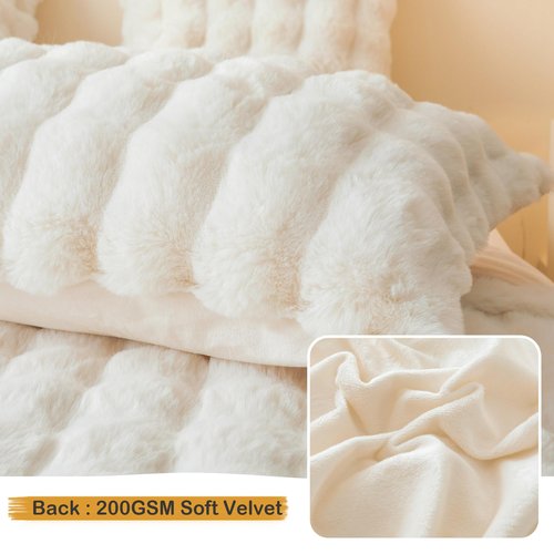 LIFEREVO Fluffy Faux Rabbit Fur Long Lumbar Decorative Throw Pillow Cover, Plush Shaggy 14x36 Bubble Waffle Cushion Pillow Sham with Zipper, Furry Fuzzy Pillowcase for Home Bed Couch Sofa, Beige