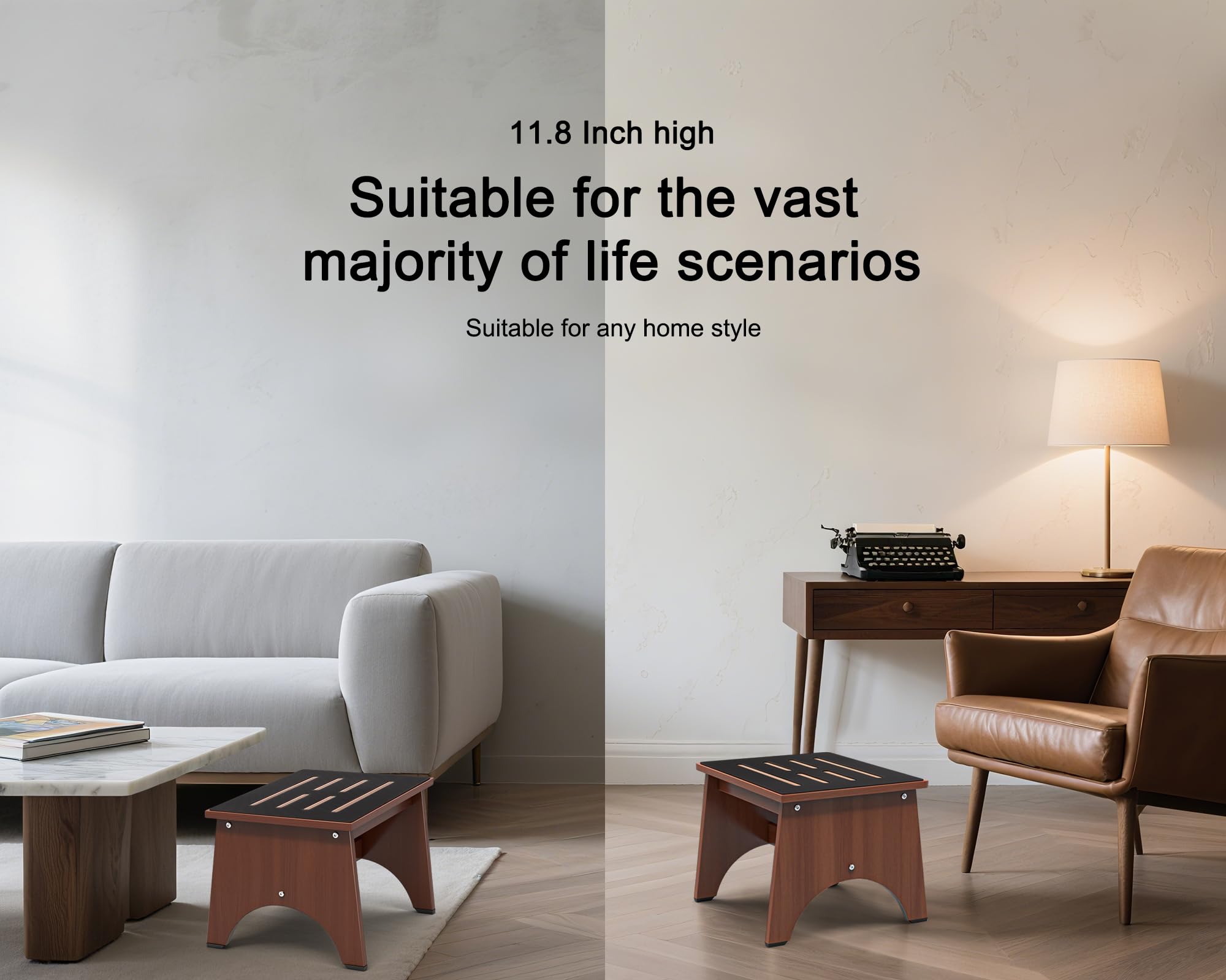 One Step Stool for Adults Seniors with Non-Slip Rubber Stepping Feet, Heavy Duty Wooden Step Stool, Portable Bed Steps for High Beds (Brown, 12 Inch)