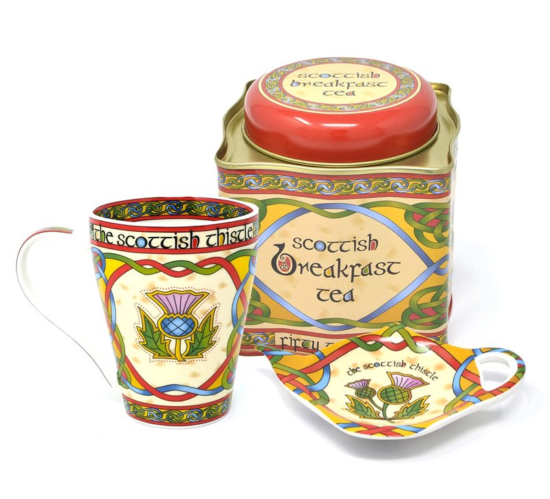 Royal Tara Scottish Thistle Tea Set Gift - Bone China Mug, Breakfast Tea, and Teabag Holder