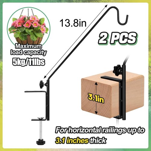 Biubee Deck Bird Feeder Hanger - Heavy-Duty Steel Railing Hook with Adjustable Clamp | 13.8 Inches, 2-Pack