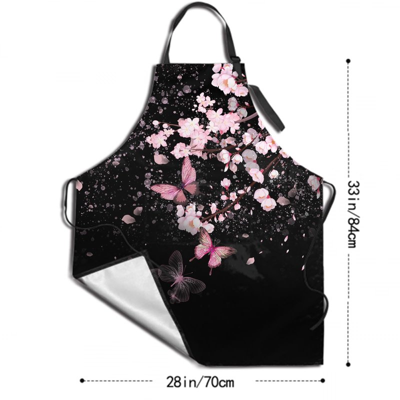 DZGlobal Cherry Blossom Apron with Pockets - Pink Flowers Black Cooking Aprons Adjustable Kitchen Bib for Men Women Chef Gardening Baking