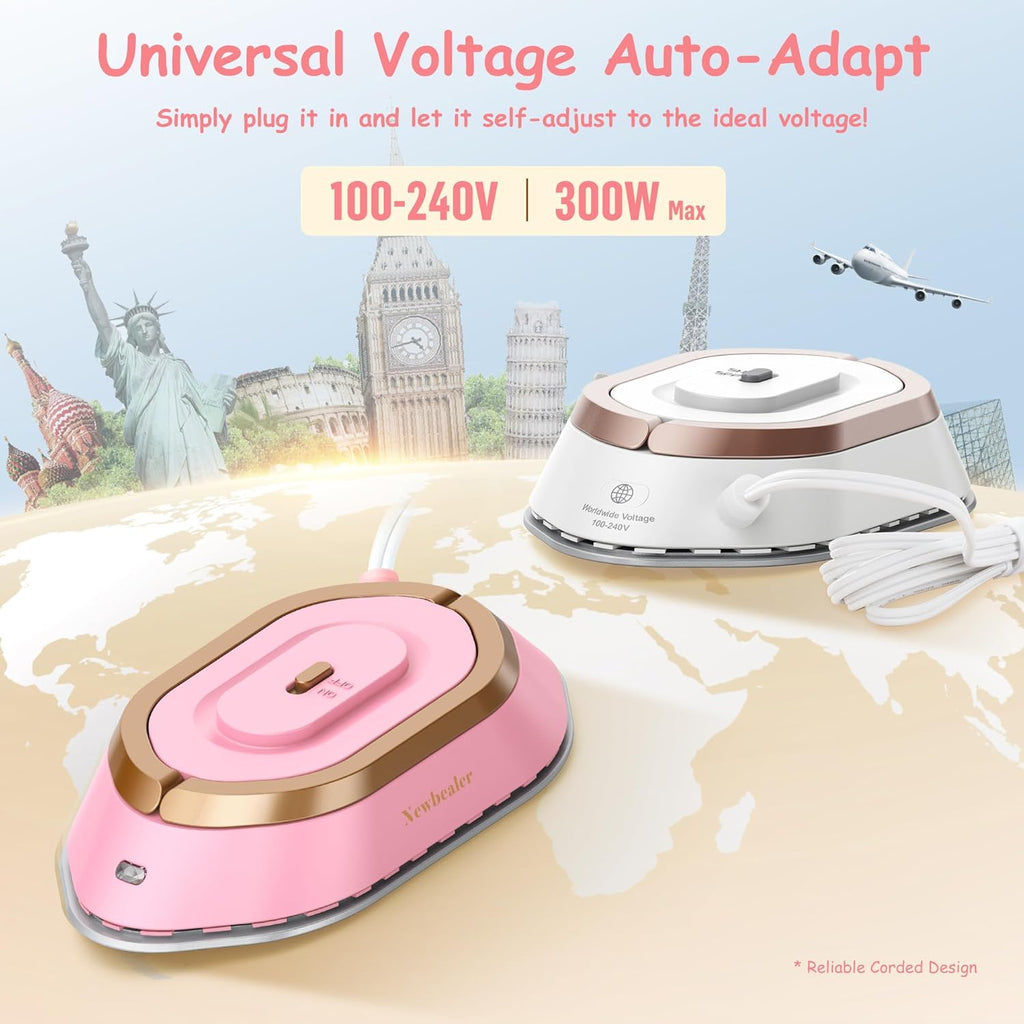 Newbealer Travel Iron - Mini Dry Iron with Global Voltage, 100-240V, Non-Stick Soleplate, 0.8lbs (Pink)
