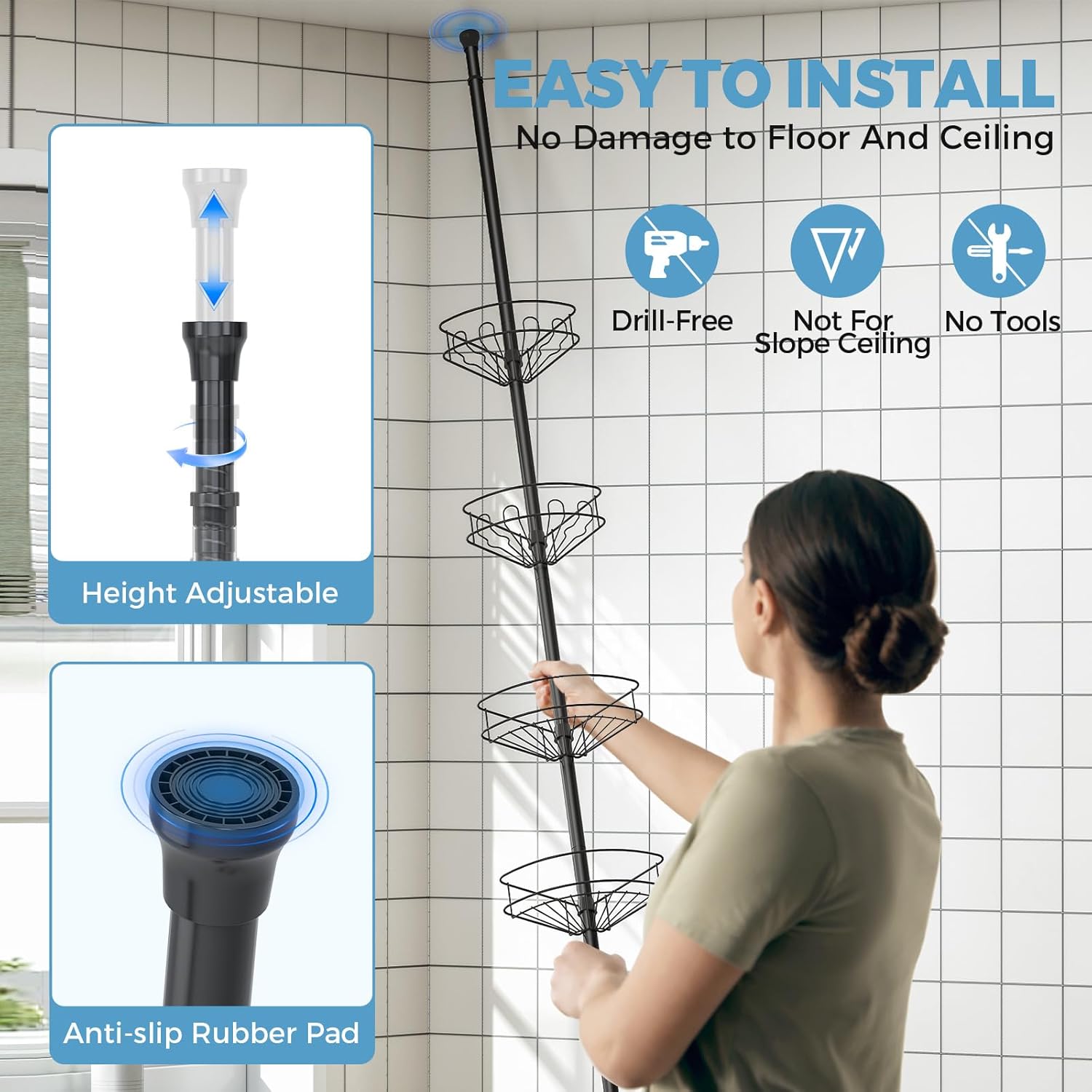Skiennix Corner Shower Caddy - 4 Tier Adjustable Bathroom Organizer with Hidden Hook & Towel Holder | 63.7-119 Inch, Black