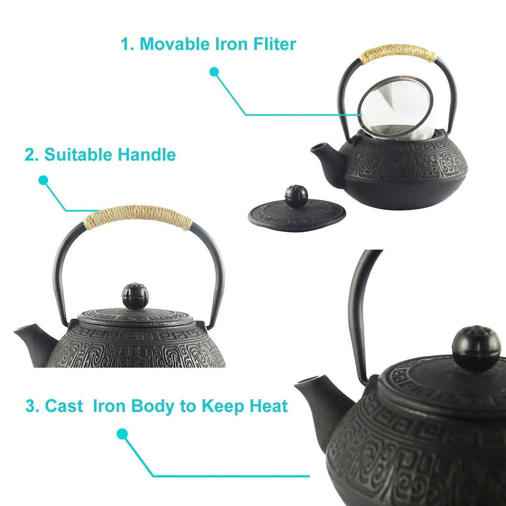 Hwagui - Chinese Cast Iron Teapot with Tea Infuser, Iron Tea Kettle Set, Benefit for Healthy(600ml/20oz)