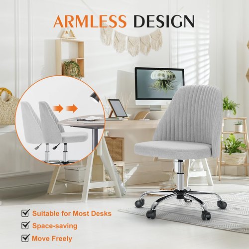 Sweetcrispy Armless Vanity Chair, Cute Comfy Home Office Desk Chair with Wheels, Modern Upholstered Task Computer Seat for Bedroom, Study, Makeup Vanity, Height Adjustable & Swivel, Classic Gray