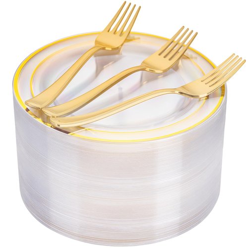 I00000 72 Pcs Clear Plastic Dessert Plates 7.5" & 72 Pcs Gold Disposable Forks 7.4", Clear Small Plates,Nice Dessert Plates,Fancy Salad Plate,Gold Cake Plate for Party, Occasions, Wedding