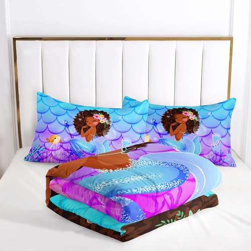 AILONEN Cute Mermaid Comforter Set for Kids Girls Twin Size, Little Black Girl Mermaid Bedding Set,Ocean Theme Bed in a Bag,Purple Blue Fish Scale Duvet Set,1 Quilt 2 Pillowcases,3 PCS