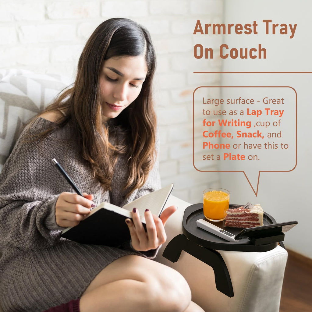 SINWANT Couch Armrest Table, Bamboo Clip On Couch Arm Table with 360°Phone Holder,Foldable Sofa Arm Tray for Eating and Drinking, TV Tray