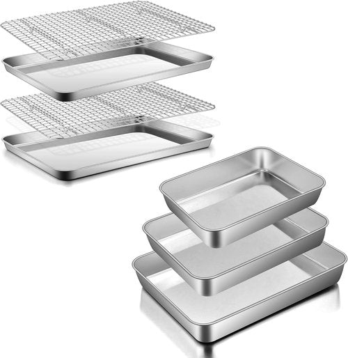 E-far Baking Pans Set - 3-Piece Stainless Steel Bakeware with Cookie Sheet & Cake Pan | Non-Toxic, Dishwasher Safe